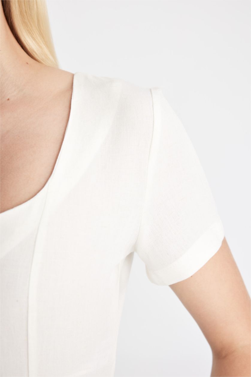 نساء اوف وايت بلوزة نص كم سليم فيت برقبة مربعة