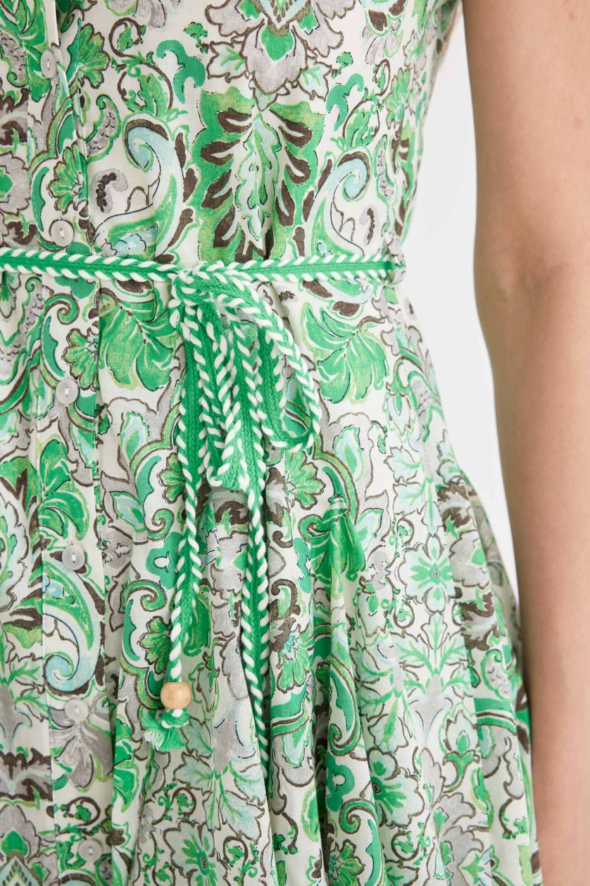 نساء أخضر فستان قصير فوال منقوش  بدون كم برقبة قميص