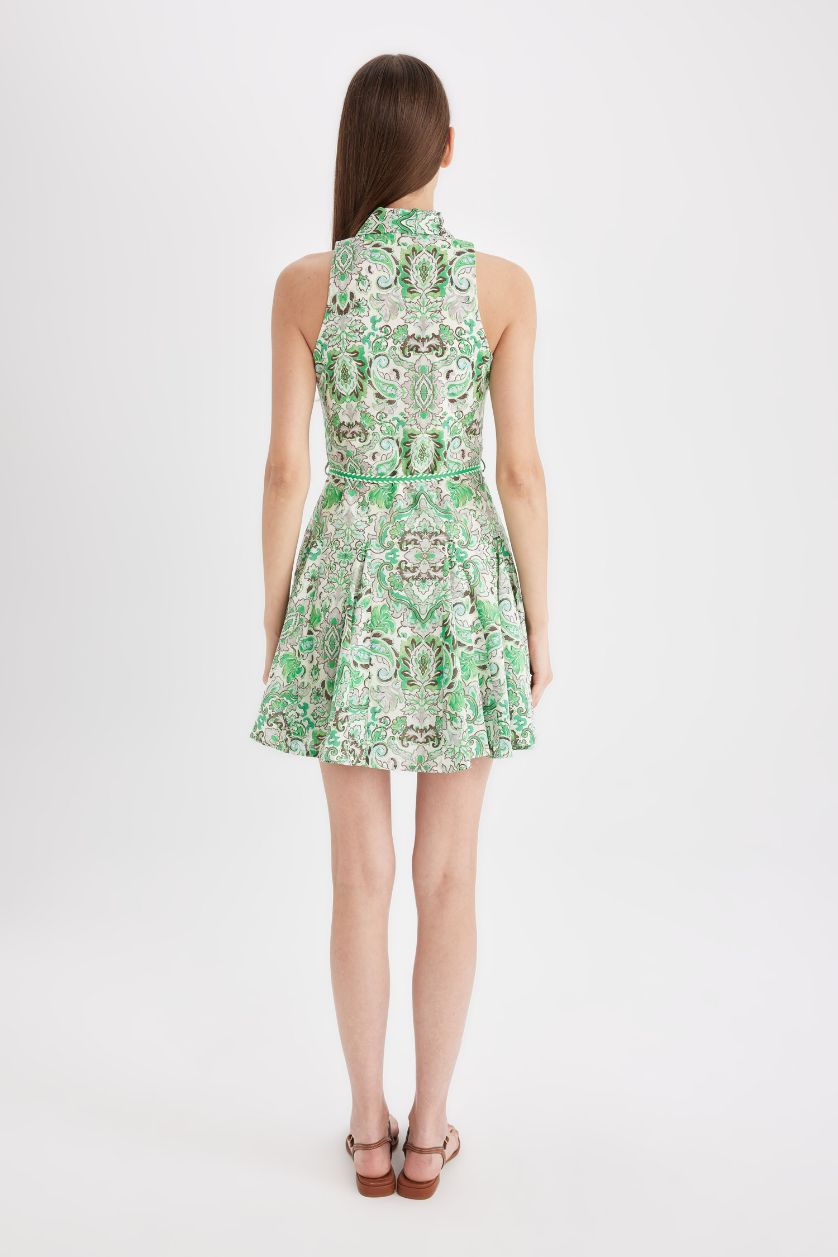 نساء أخضر فستان قصير فوال منقوش  بدون كم برقبة قميص