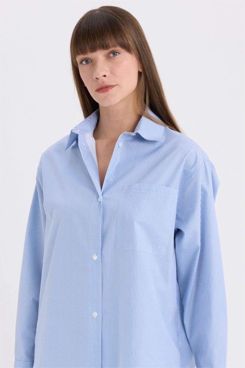 WOMAN Blue Oversize Fit Shirt Collar Poplin Printed Long Sleeve Shirt