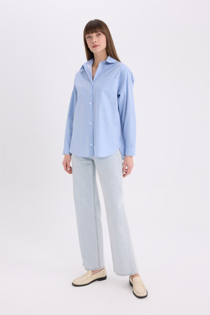 WOMAN Blue Oversize Fit Shirt Collar Poplin Printed Long Sleeve Shirt
