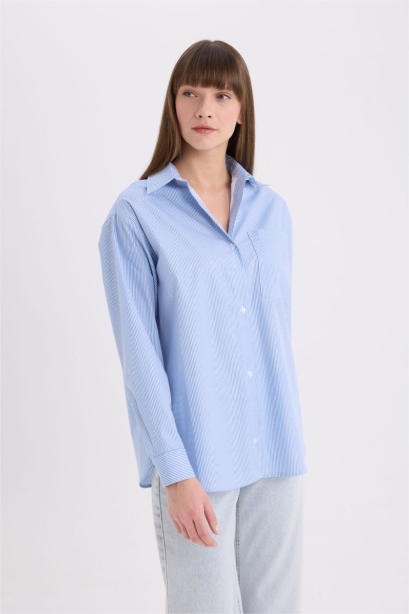 WOMAN Blue Oversize Fit Shirt Collar Poplin Printed Long Sleeve Shirt