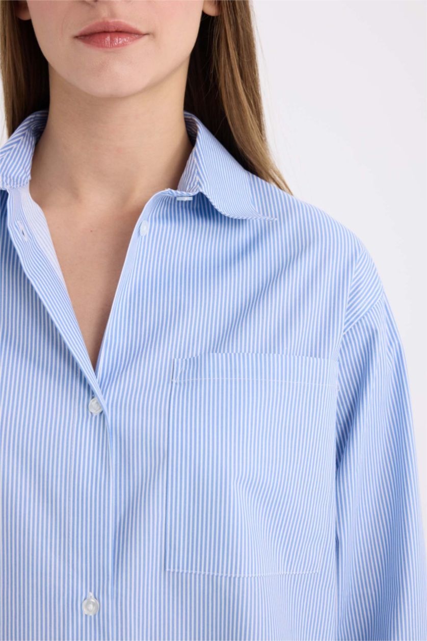 WOMAN Blue Oversize Fit Shirt Collar Poplin Printed Long Sleeve Shirt