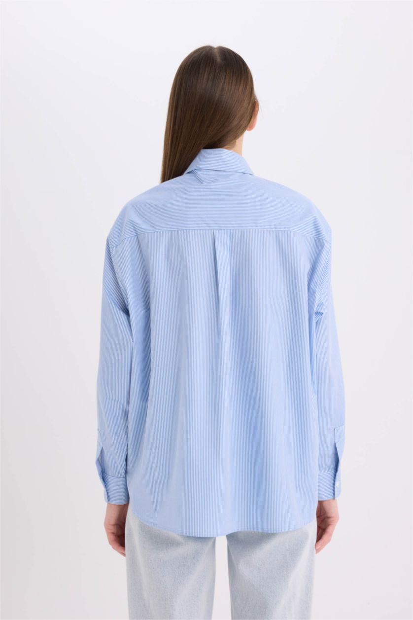 WOMAN Blue Oversize Fit Shirt Collar Poplin Printed Long Sleeve Shirt