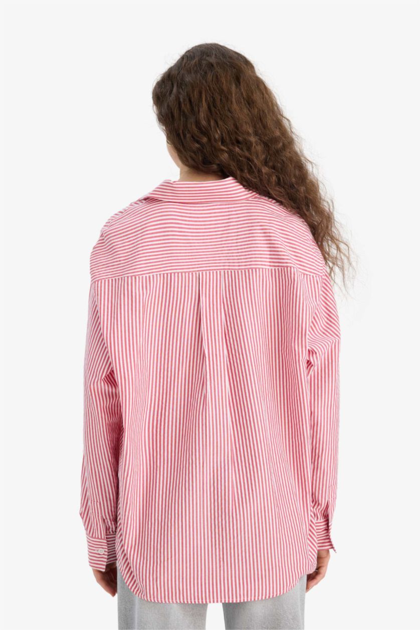 حريمي أحمر قميص كم طويل بوبلين اوفر سايز مطبوع