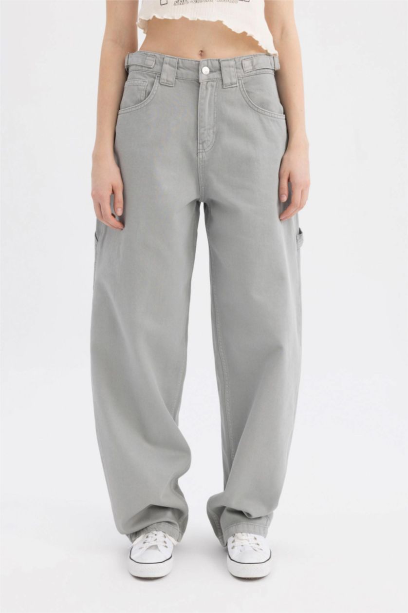 Kadın Gri Carpenter Fit Gabardin Pantolon Cepli Bağcıklı