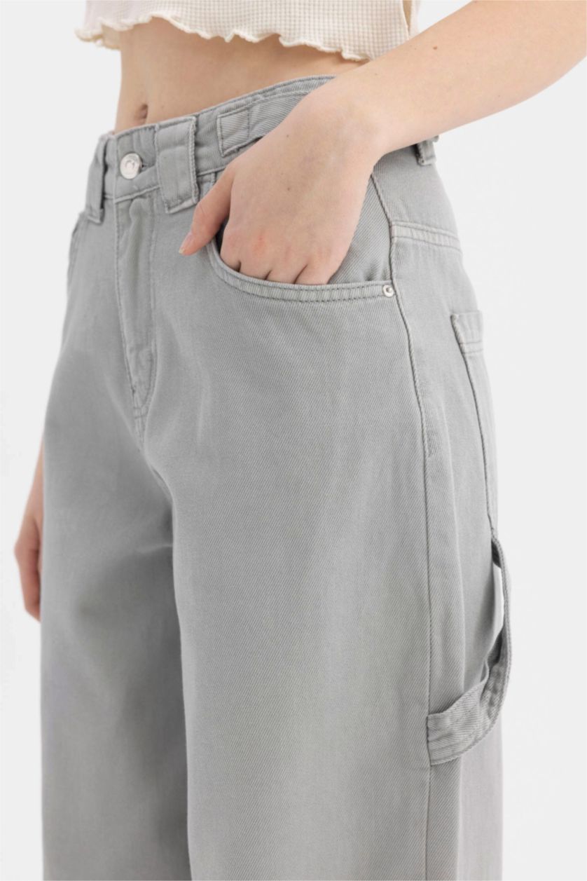 Kadın Gri Carpenter Fit Gabardin Pantolon Cepli Bağcıklı