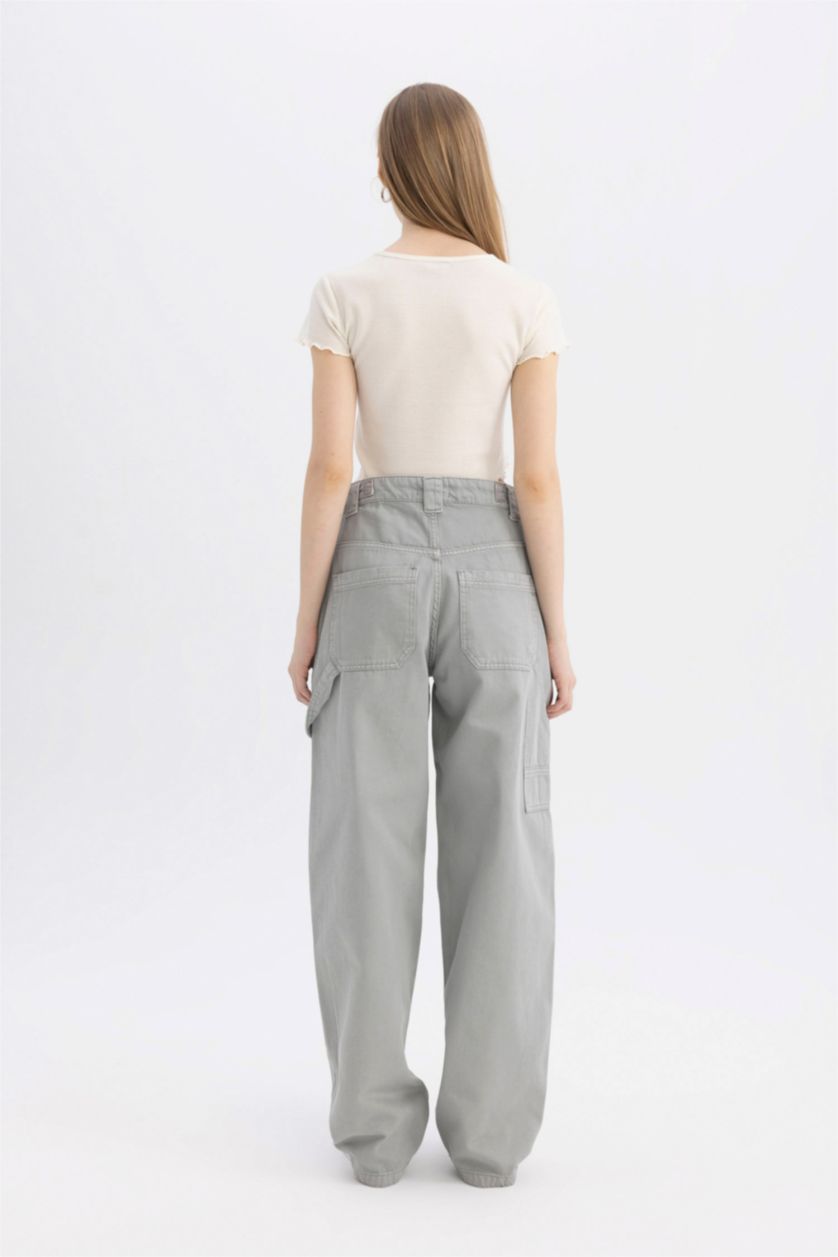 Kadın Gri Carpenter Fit Gabardin Pantolon Cepli Bağcıklı
