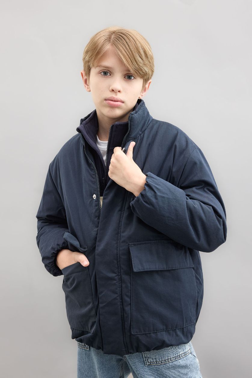 Boys & Teens NAVY Boy Stand-up Collar Zippered Waterproof Jacket