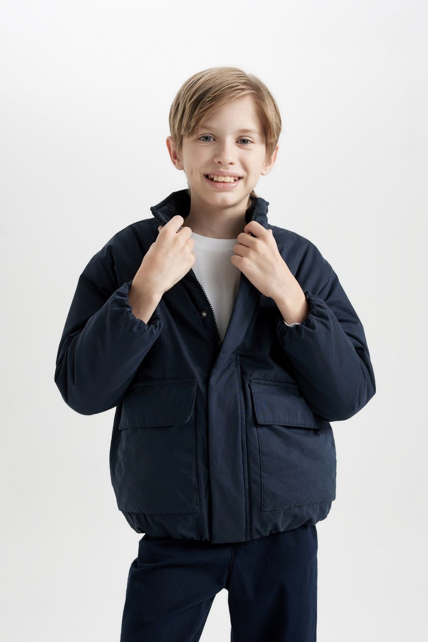 Boys & Teens NAVY Boy Stand-up Collar Zippered Waterproof Jacket