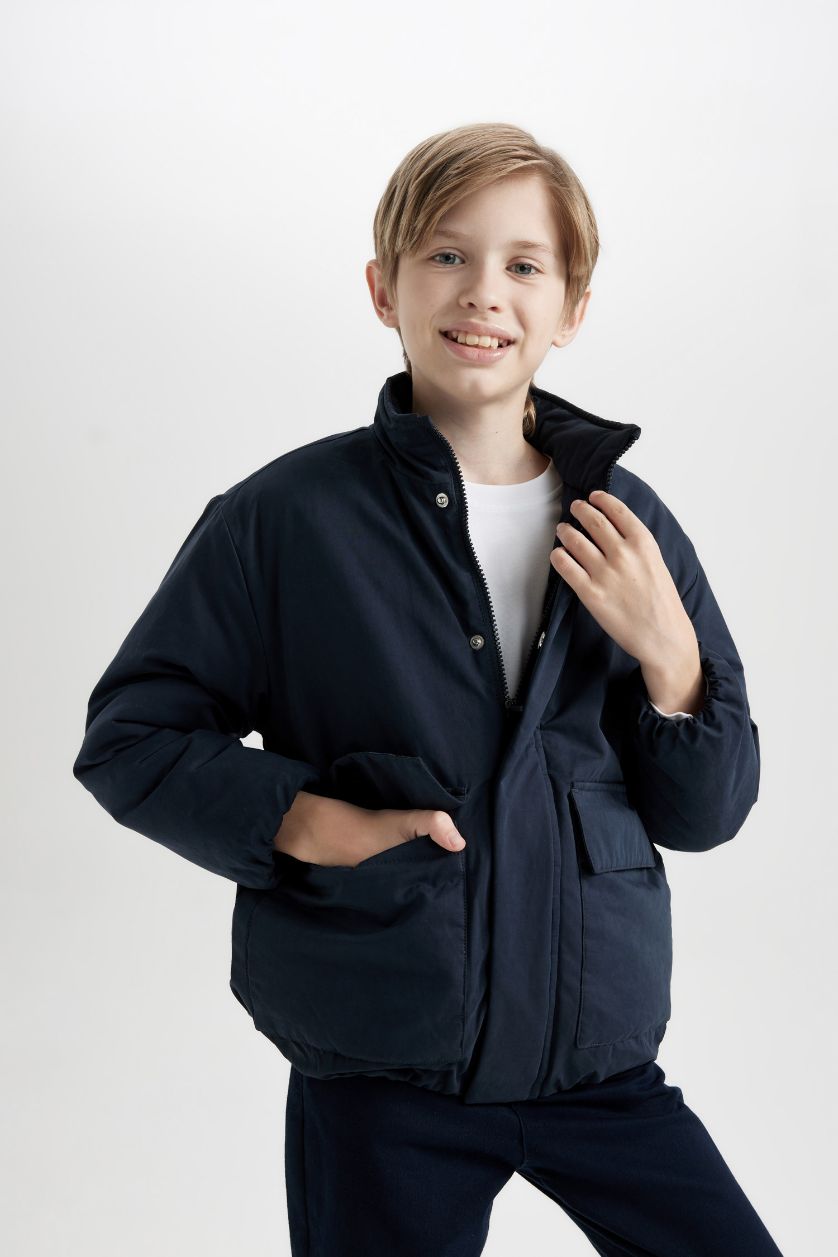 Boys & Teens NAVY Boy Stand-up Collar Zippered Waterproof Jacket