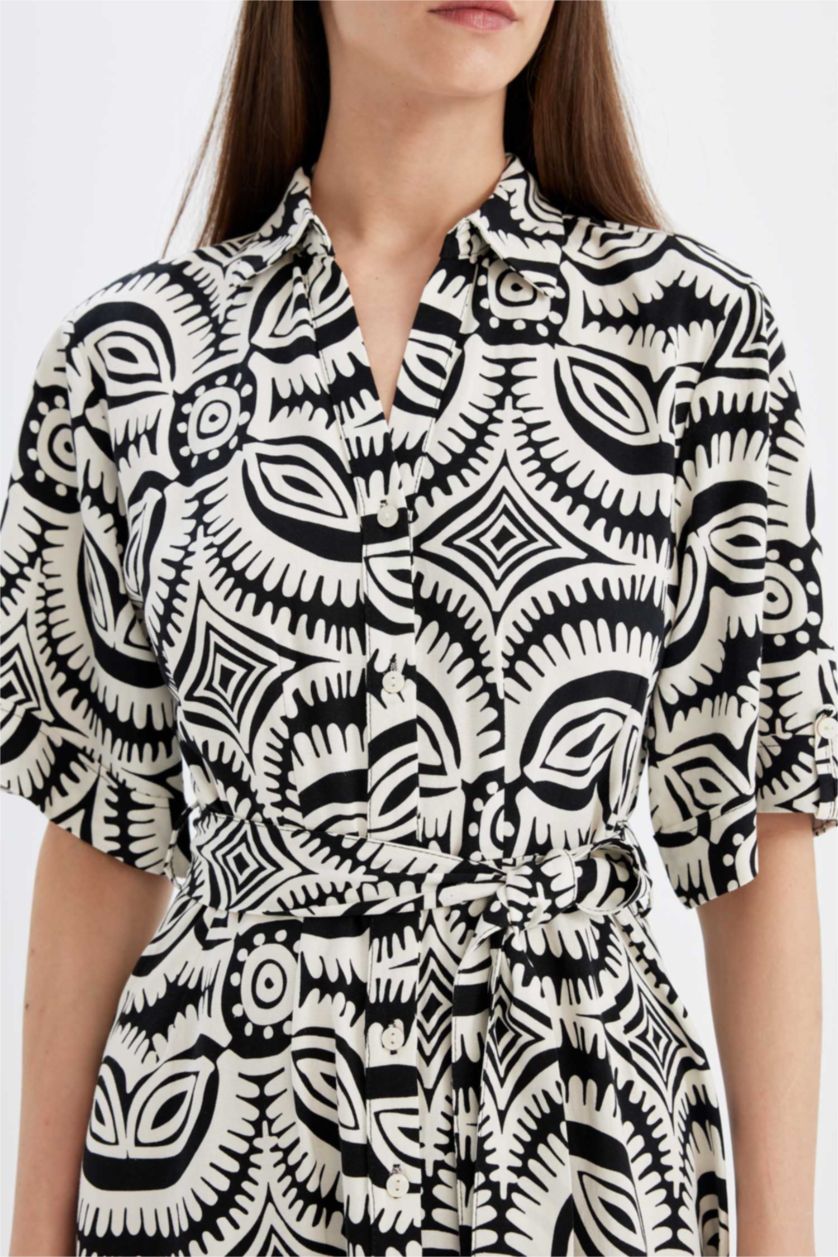 Kadın Siyah Gömlek Yaka Desenli Keten Karışımlı Yarım Kollu Kemerli Midi Elbise