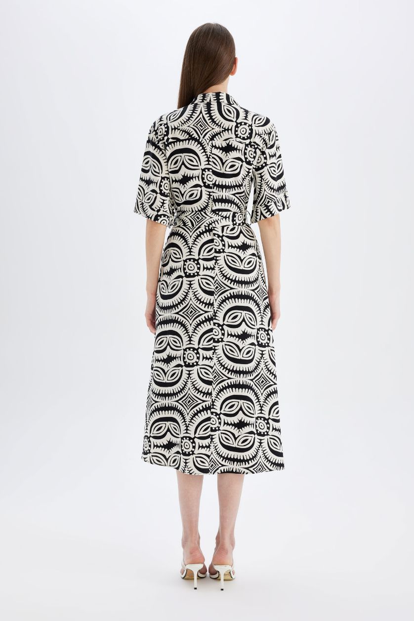 Kadın Siyah Gömlek Yaka Desenli Keten Karışımlı Yarım Kollu Kemerli Midi Elbise