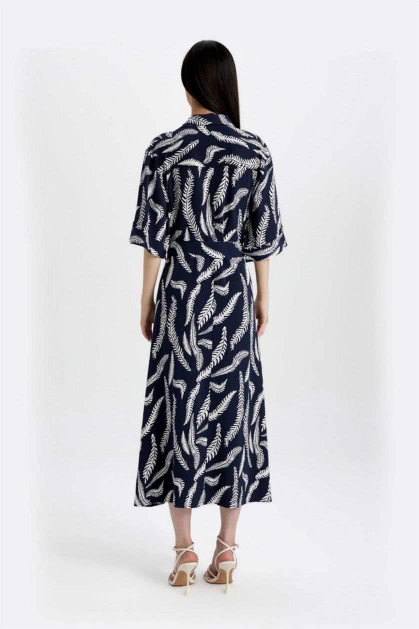 نساء نيلي فستان ميدي نص ردن مطبوع بياخة قميص ممزوج بالكتان