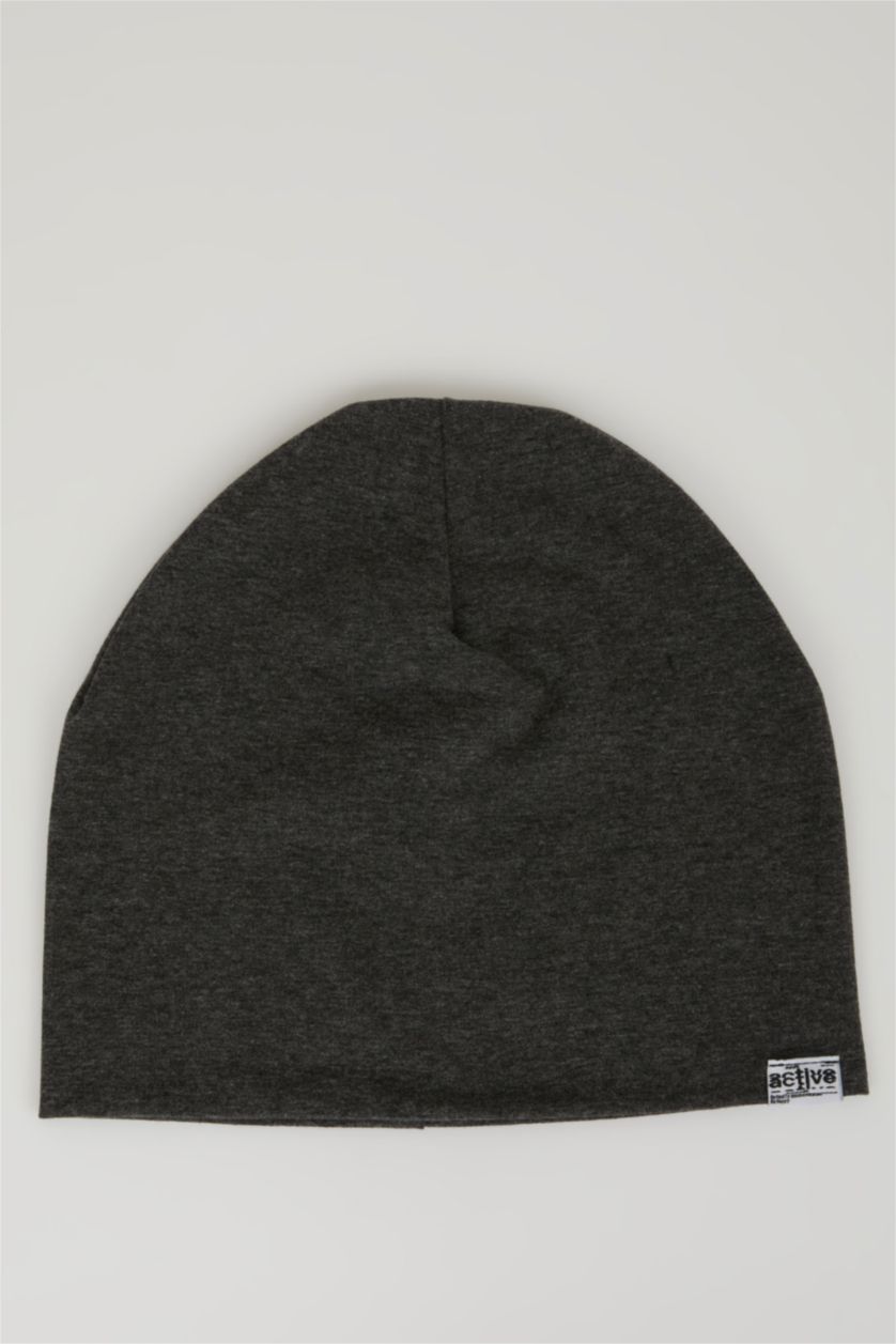 Men Anthracite Melange Boy Label Printed Cotton Beanie