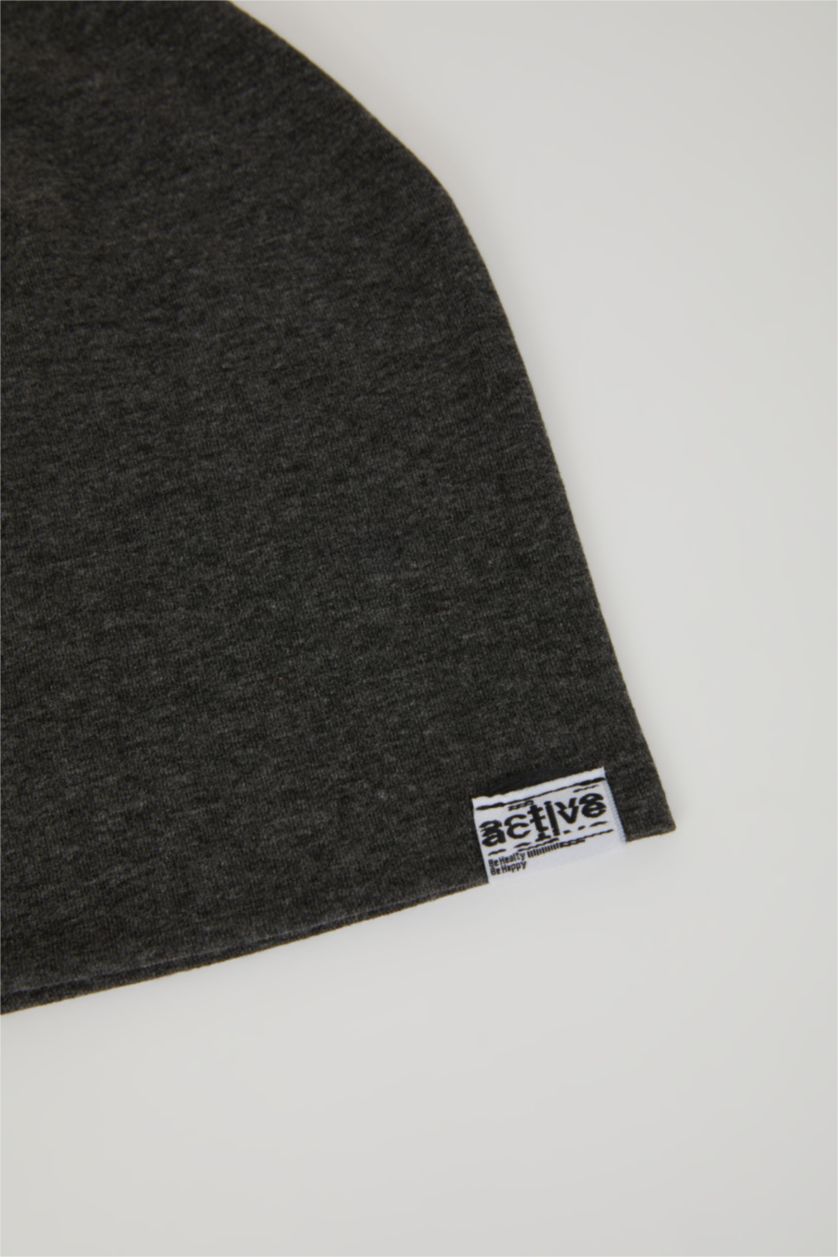 Men Anthracite Melange Boy Label Printed Cotton Beanie