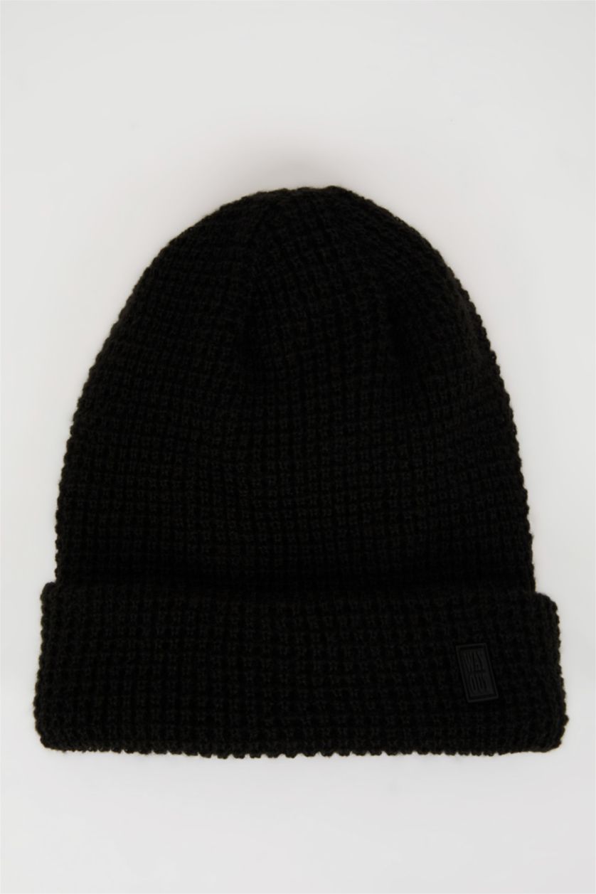 Erkek Siyah Erkek Etiket Baskılı İçi Polarlı Bere