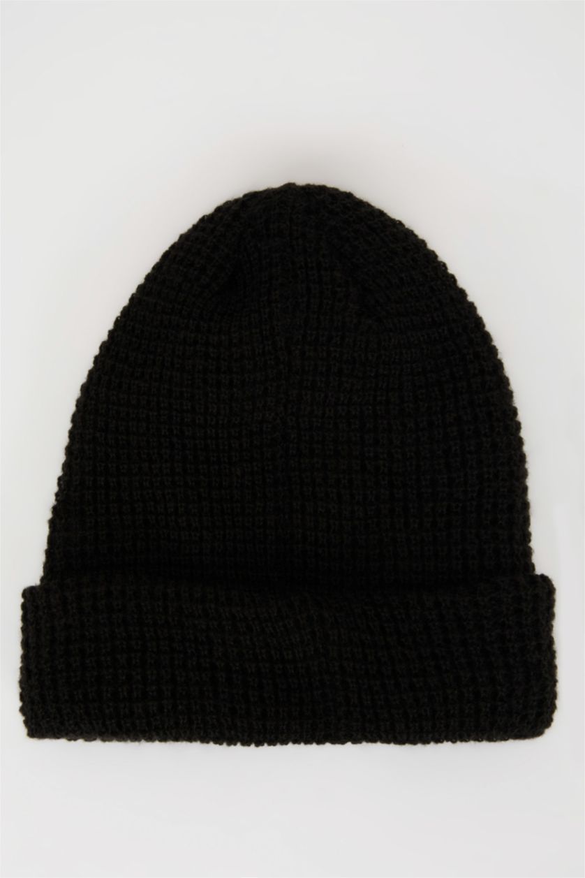 Erkek Siyah Erkek Etiket Baskılı İçi Polarlı Bere