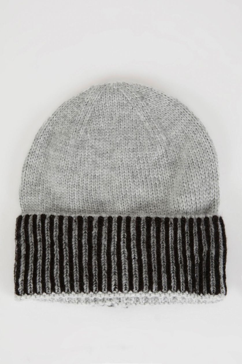 Erkek Açık Gri Melange Erkek Renk Bloklu Bere