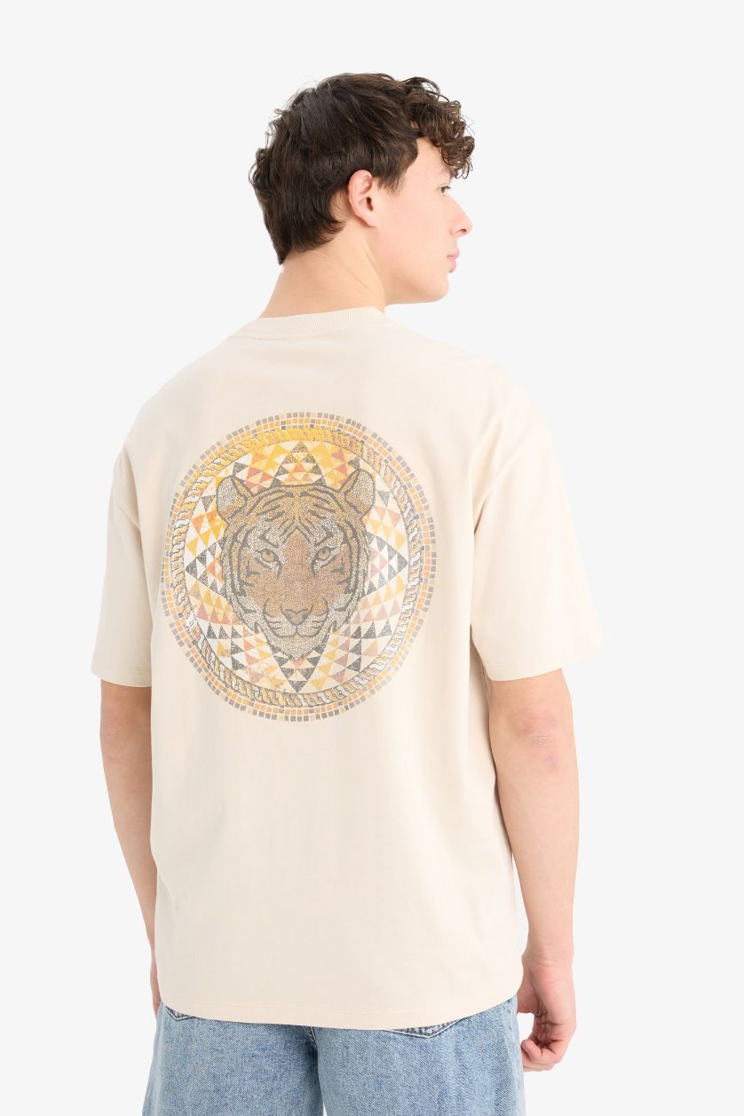 Erkek Açık Taş %100 Pamuk Oversize Geniş Kalıp Bisiklet Yaka Sırt Baskılı Kısa Kollu Tişört