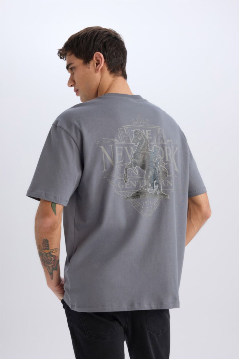 MAN Grey Oversiz Fit Crew Neck Back Printed T-Shirt