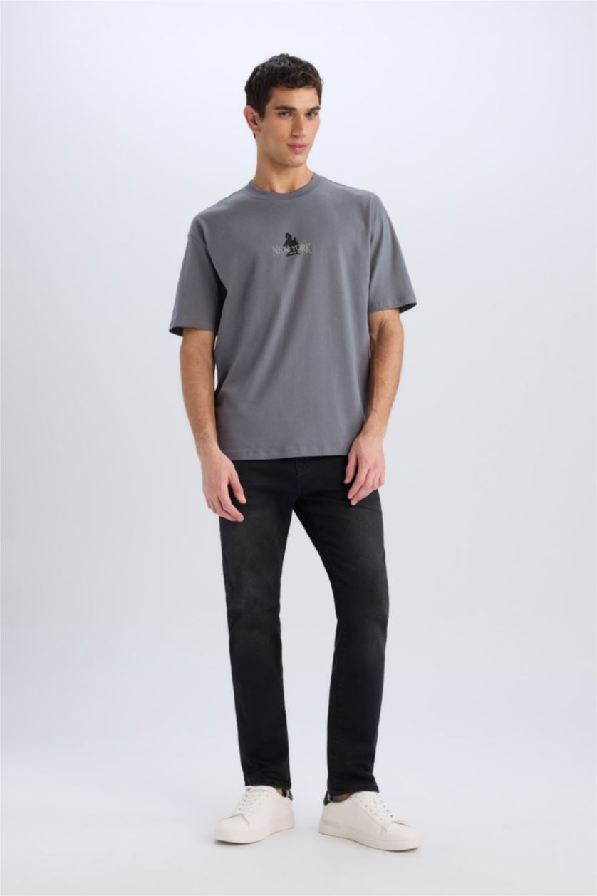 MAN Grey Oversiz Fit Crew Neck Back Printed T-Shirt