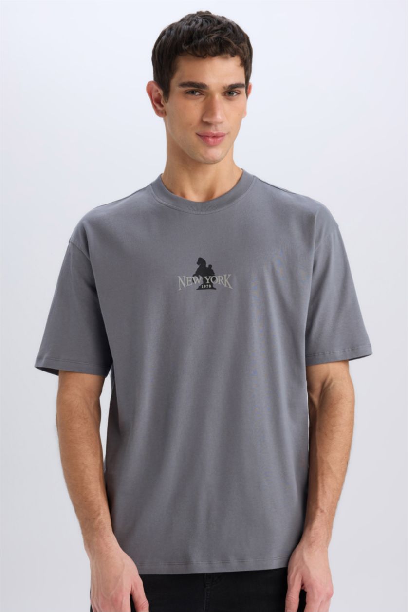 MAN Grey Oversiz Fit Crew Neck Back Printed T-Shirt