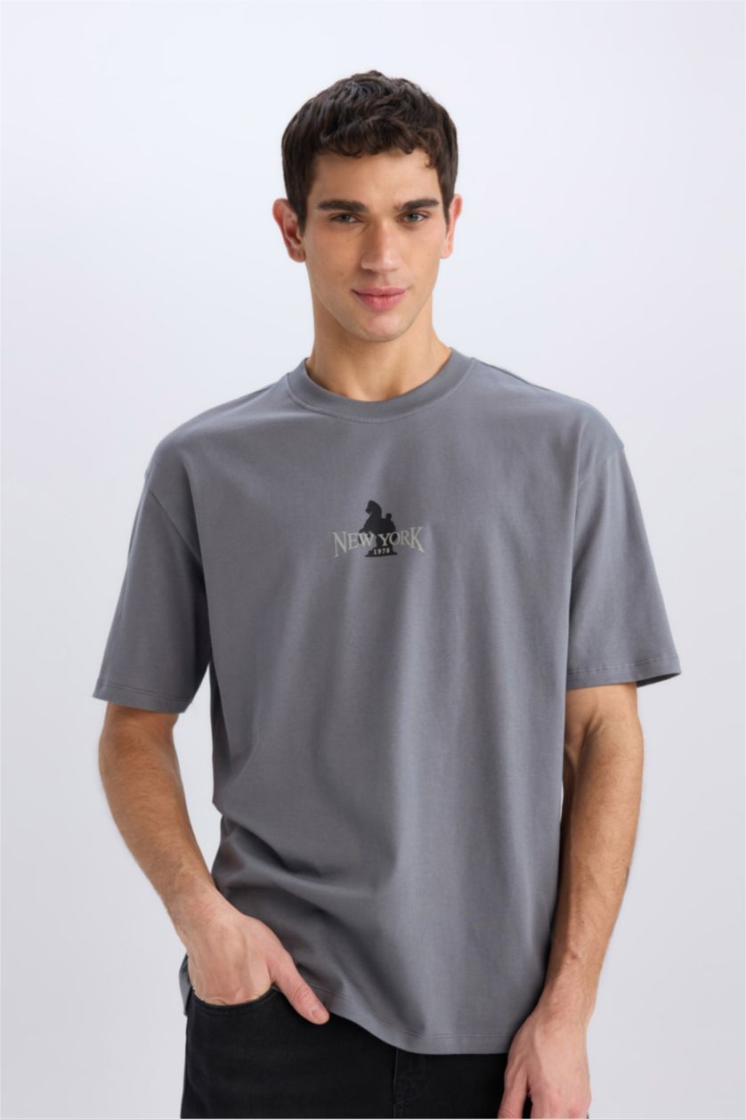 MAN Grey Oversiz Fit Crew Neck Back Printed T-Shirt