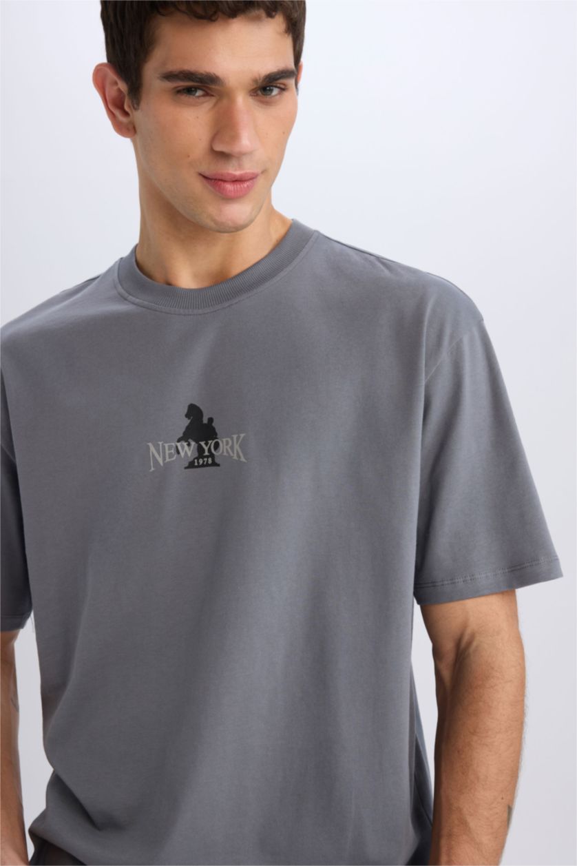 MAN Grey Oversiz Fit Crew Neck Back Printed T-Shirt