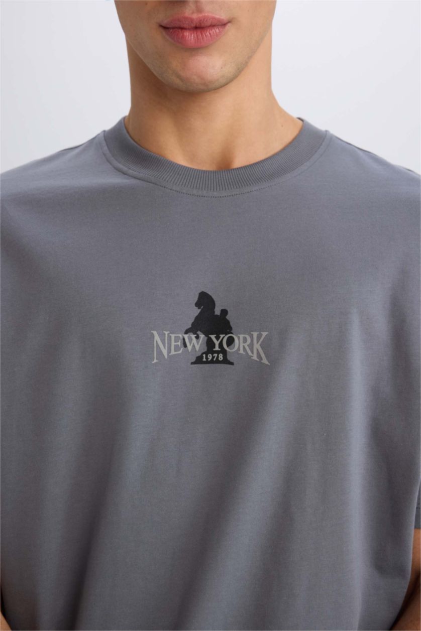 MAN Grey Oversiz Fit Crew Neck Back Printed T-Shirt