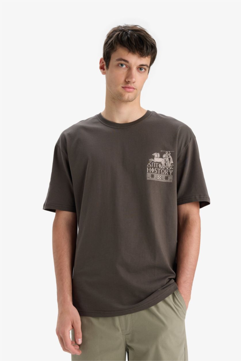 Erkek Haki Oversize Geniş Kalıp Bisiklet Yaka Sırt Baskılı Kısa Kollu Tişört