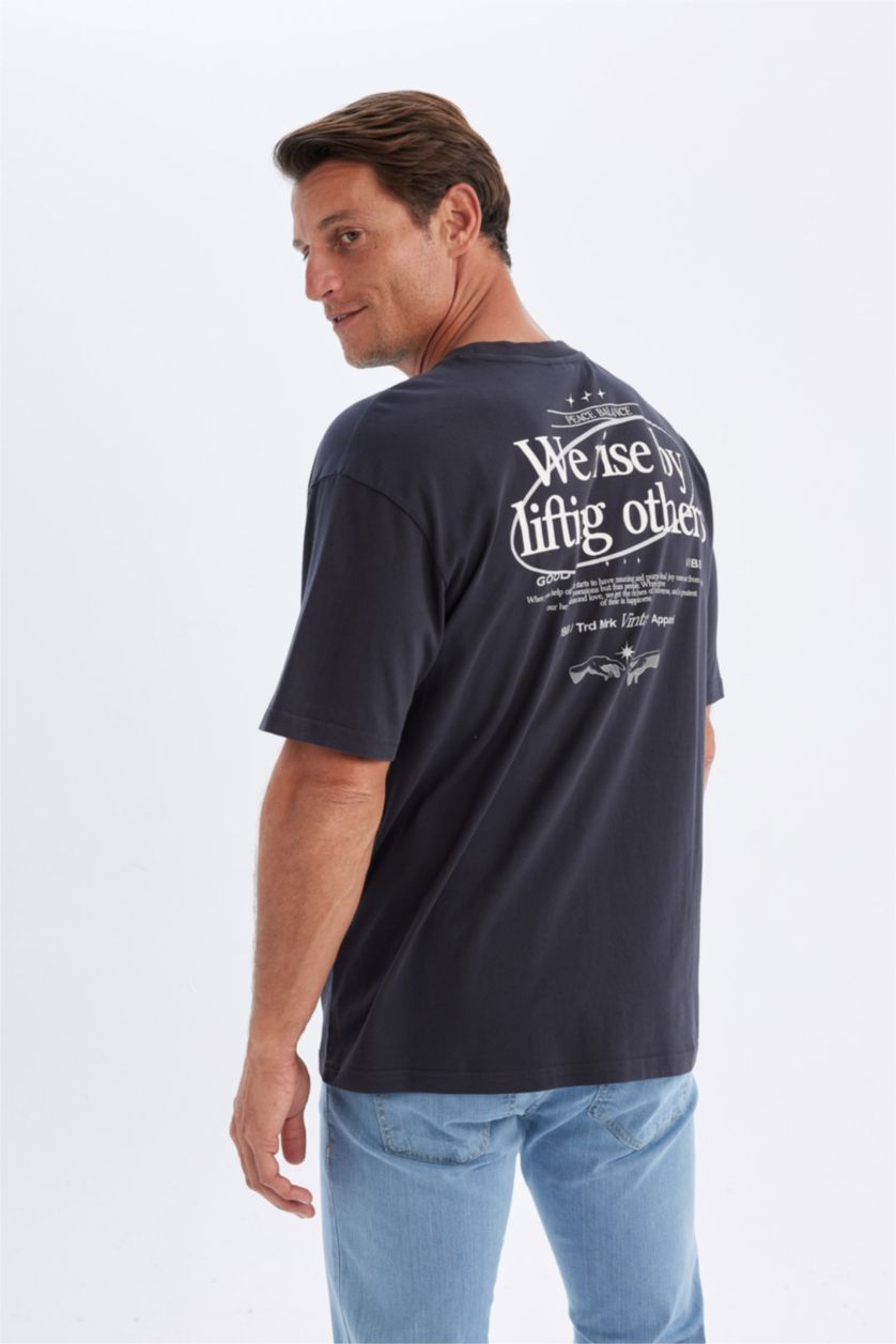 Erkek Koyu Antrasit %100 Pamuk Oversize Geniş Kalıp Bisiklet Yaka Baskılı Kısa Kollu Tişört