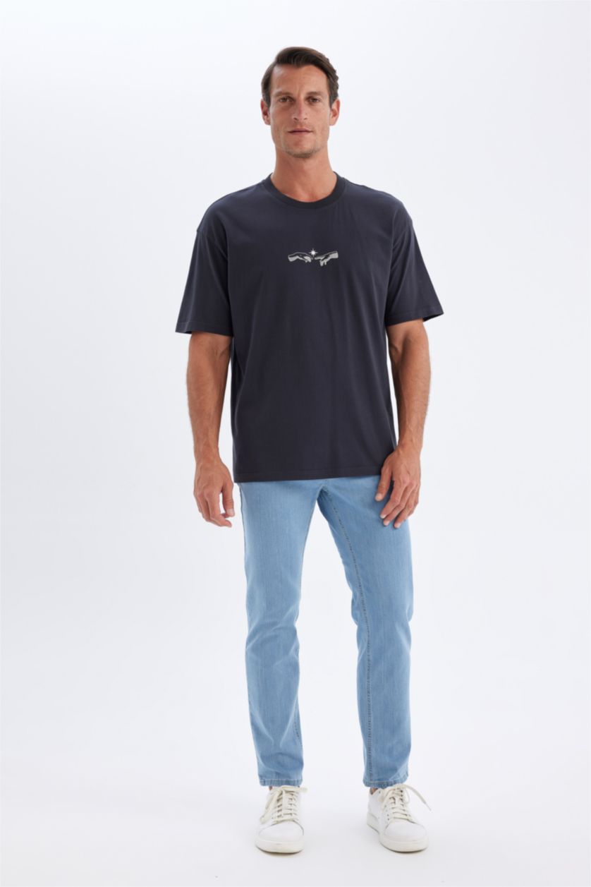 Erkek Koyu Antrasit %100 Pamuk Oversize Geniş Kalıp Bisiklet Yaka Baskılı Kısa Kollu Tişört