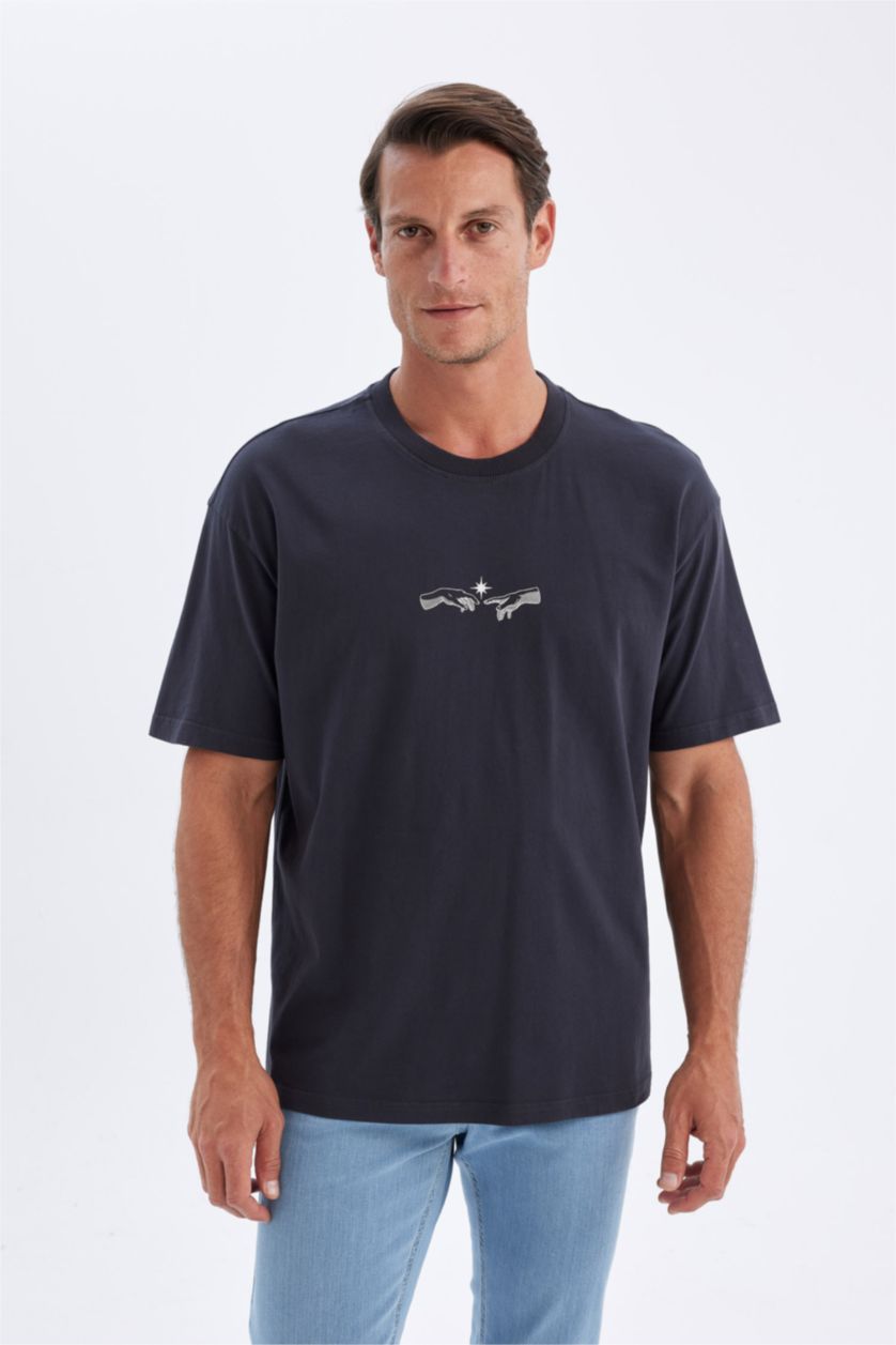 Erkek Koyu Antrasit %100 Pamuk Oversize Geniş Kalıp Bisiklet Yaka Baskılı Kısa Kollu Tişört