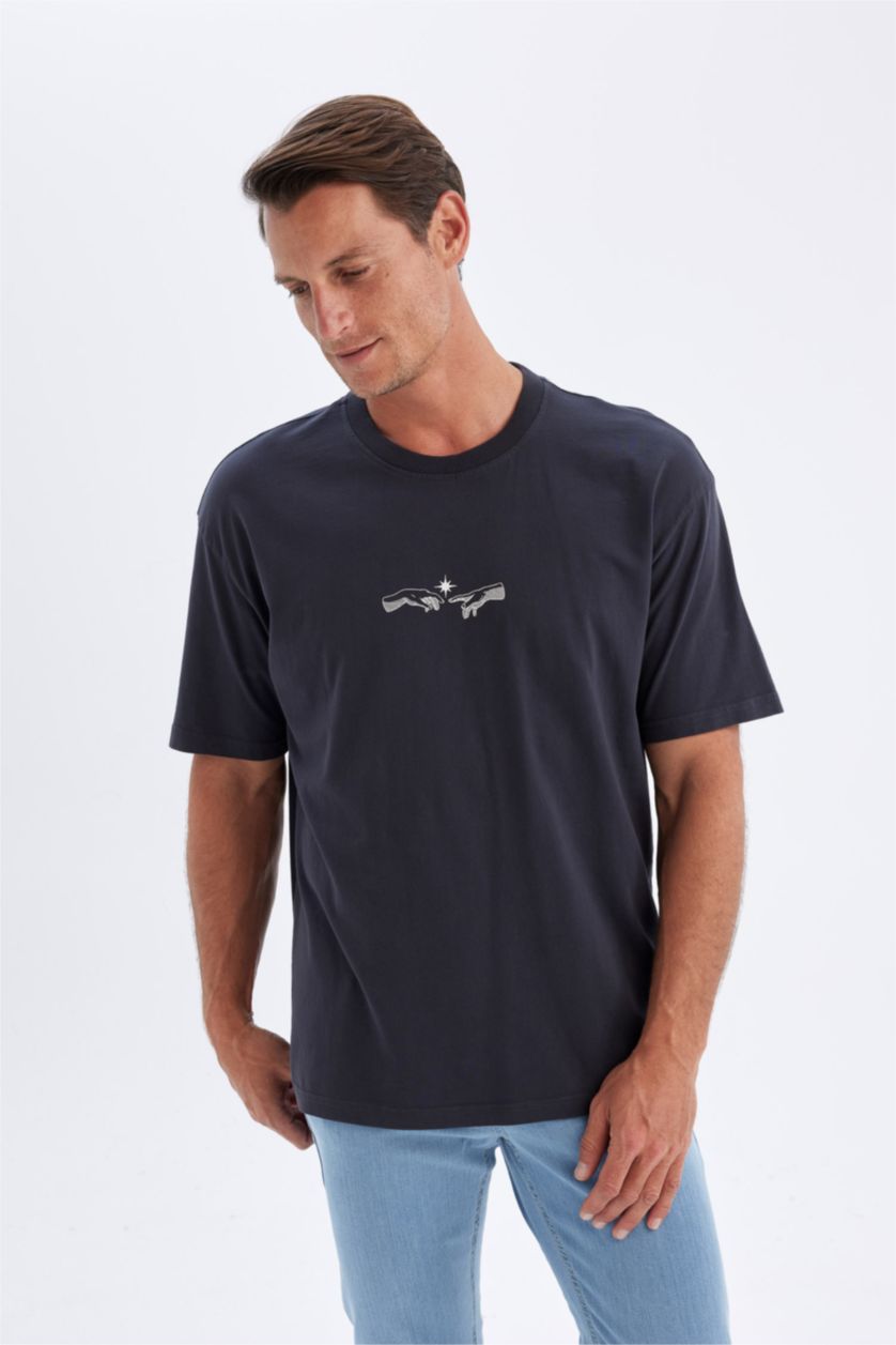 Erkek Koyu Antrasit %100 Pamuk Oversize Geniş Kalıp Bisiklet Yaka Baskılı Kısa Kollu Tişört