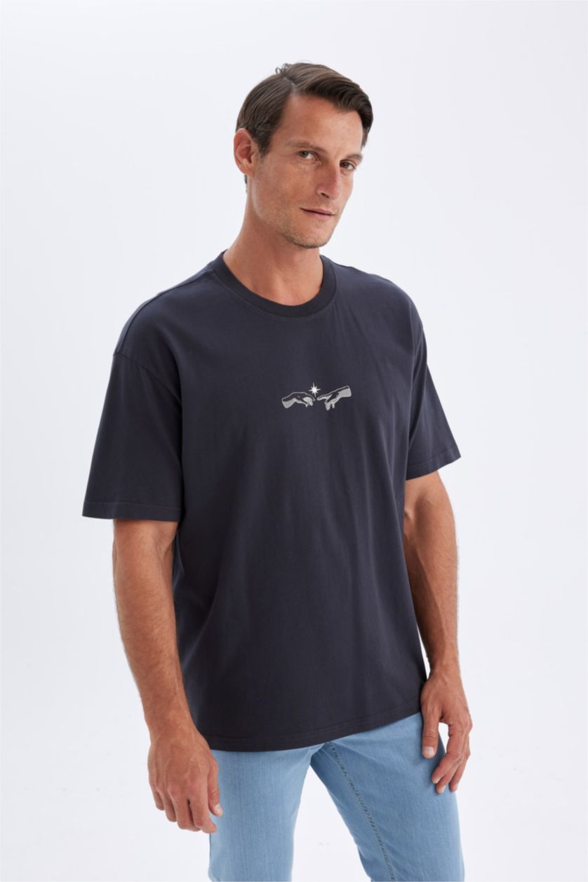 Erkek Koyu Antrasit %100 Pamuk Oversize Geniş Kalıp Bisiklet Yaka Baskılı Kısa Kollu Tişört