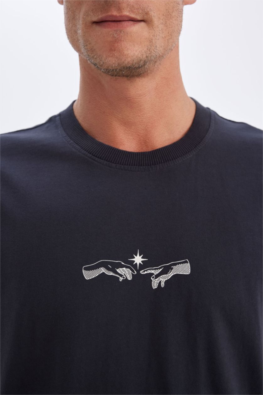 Erkek Koyu Antrasit %100 Pamuk Oversize Geniş Kalıp Bisiklet Yaka Baskılı Kısa Kollu Tişört