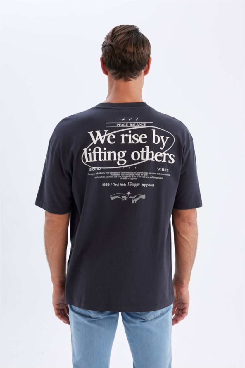 Erkek Koyu Antrasit %100 Pamuk Oversize Geniş Kalıp Bisiklet Yaka Baskılı Kısa Kollu Tişört