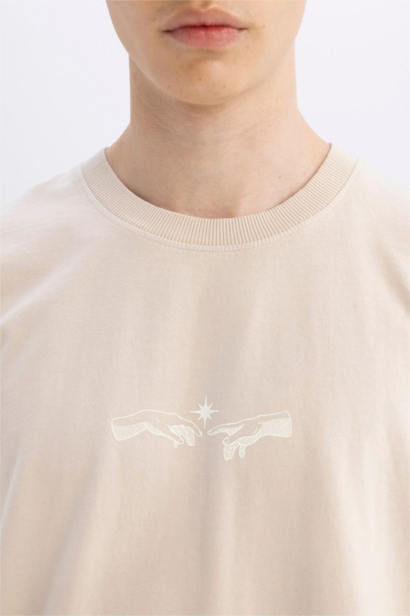 Erkek Kum Oversize Geniş Kalıp Bisiklet Yaka Sırt Baskılı Kısa Kollu Tişört