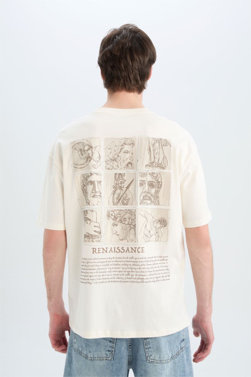 Erkek Ekru %100 Pamuk Oversize Geniş Kalıp Bisiklet Yaka Sırt Baskılı Kısa Kollu Tişört