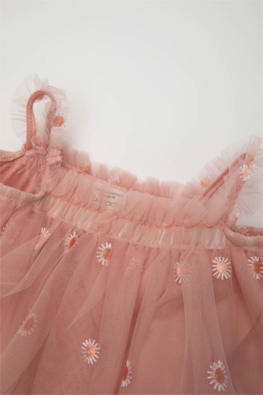 Kız Bebek Pembe Çiçekli Kolsuz Tül Elbise Kız Bebek