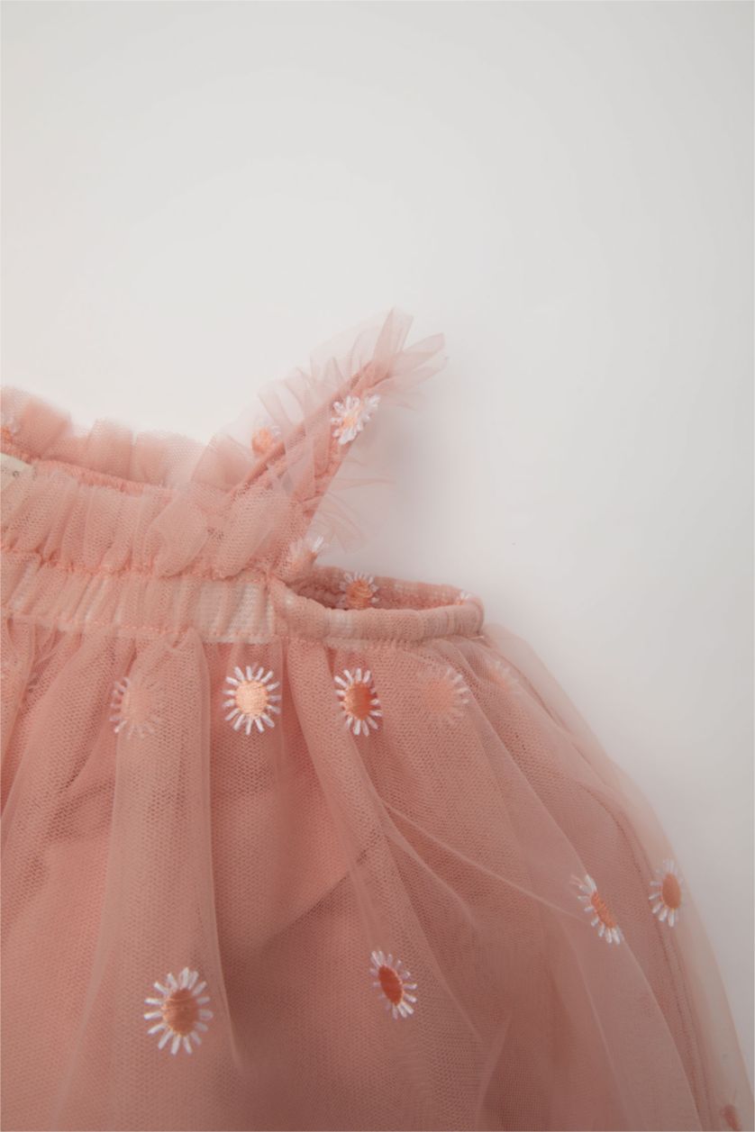 Kız Bebek Pembe Çiçekli Kolsuz Tül Elbise Kız Bebek