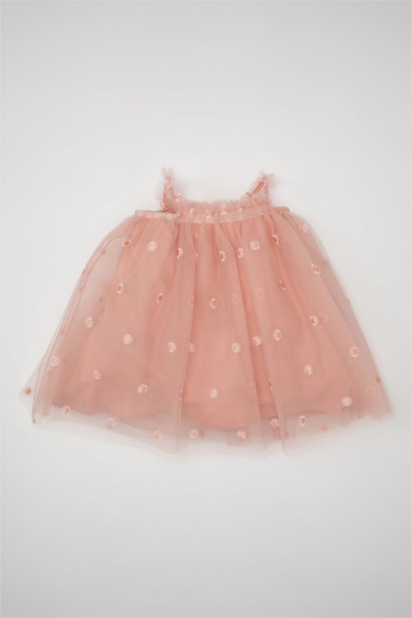 Kız Bebek Pembe Çiçekli Kolsuz Tül Elbise Kız Bebek