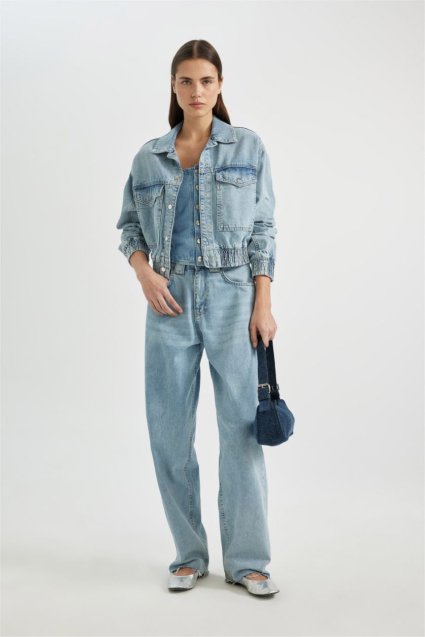 Kadın Açık Mavi Yüksek Bel Baggy Fıt Pantolon