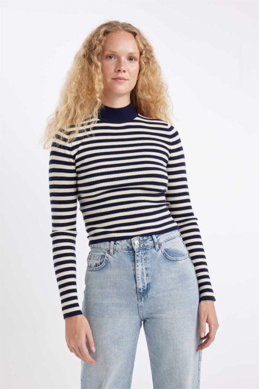 نساء كحلي بلوز صوف سليم فيت هاينك ياخة عالية