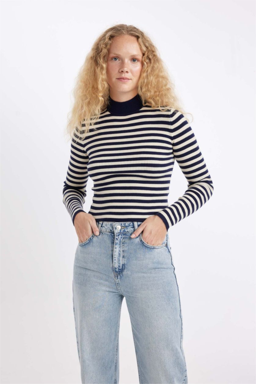 نساء كحلي بلوز صوف سليم فيت هاينك ياخة عالية