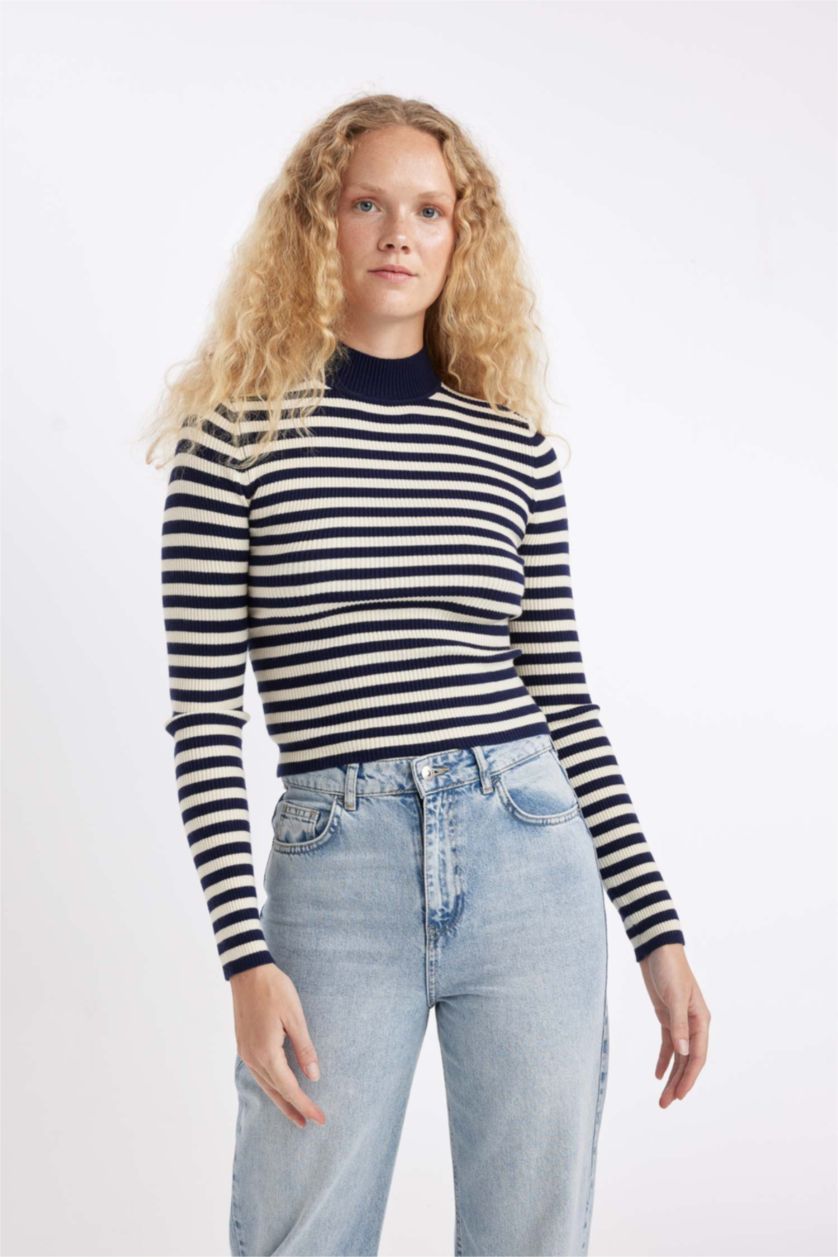 نساء كحلي بلوز صوف سليم فيت هاينك ياخة عالية