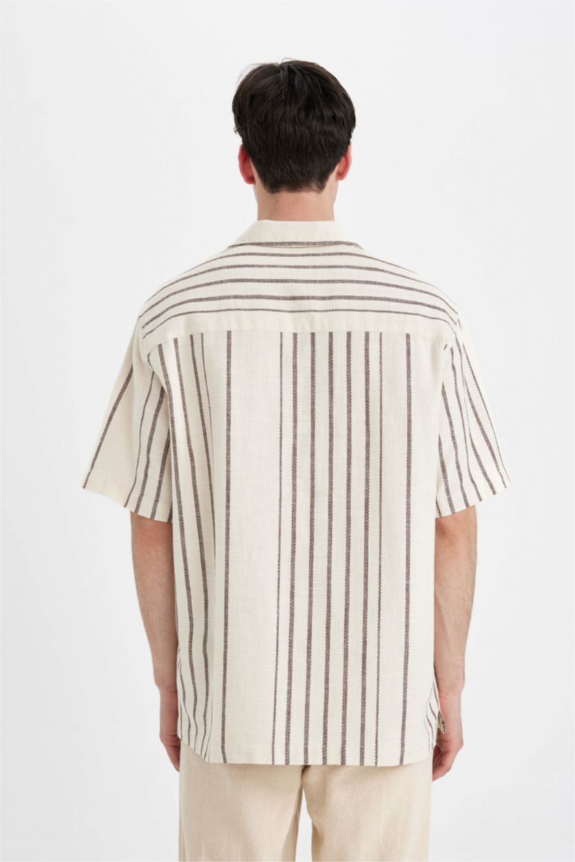 Erkek Açık Taş Relax Fit Yazlık Polo Yaka Çizgili Kısa Kollu Gömlek