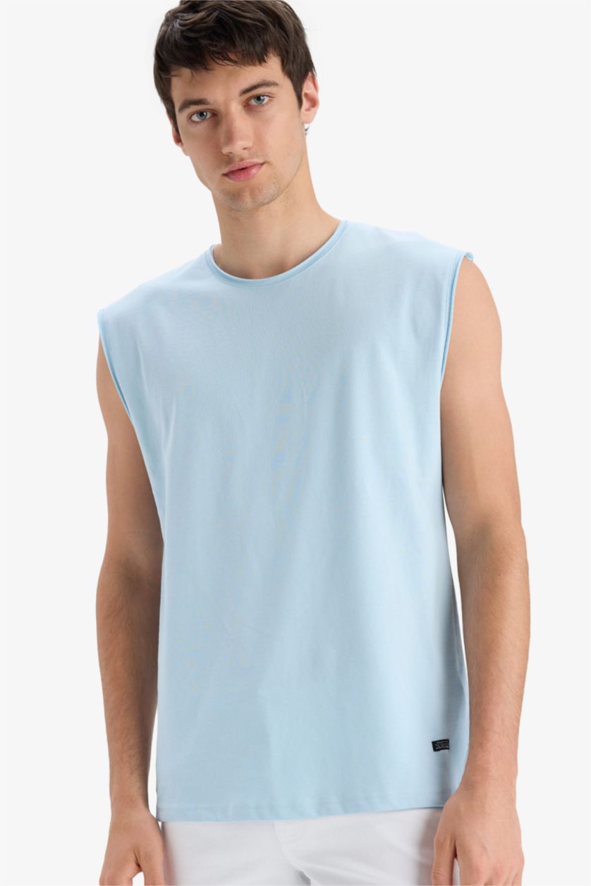 MAN Blue Cotton Boxy Fit Crew Neck Basic Tank Top