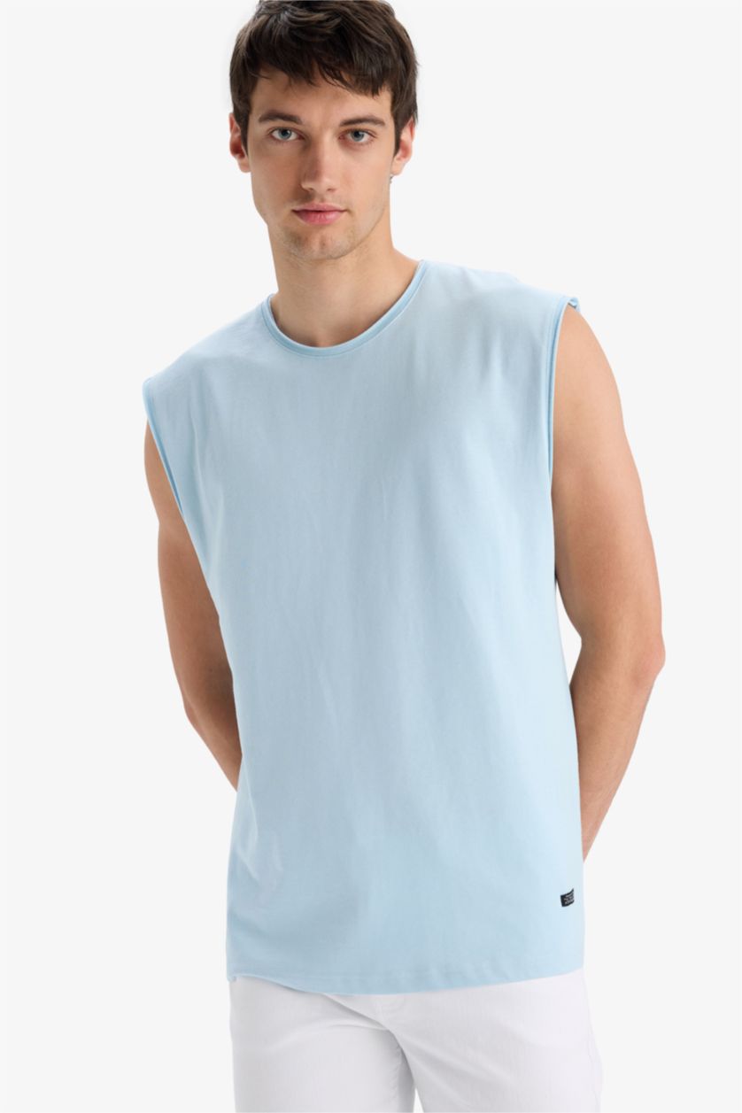 MAN Blue Cotton Boxy Fit Crew Neck Basic Tank Top